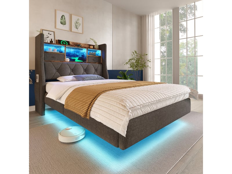 Lit rembourré 90x200 cm avec LED et USB-C, lit 1 personne avec tête de lit rangement et sommier à lattes, tissu lin - Gris (Sans matelas) Fay Lum - Conforama B