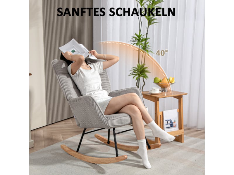  Fauteuil à bascule gris clair en tissu côtelé, accoudoirs et patins en bois, relax  - Conforama D