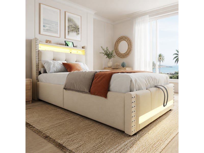 Lit coffre enfant 200×90 cm avec led, port usb et rangements en tête de lit, revêtement en lin beige et gris - Conforama B