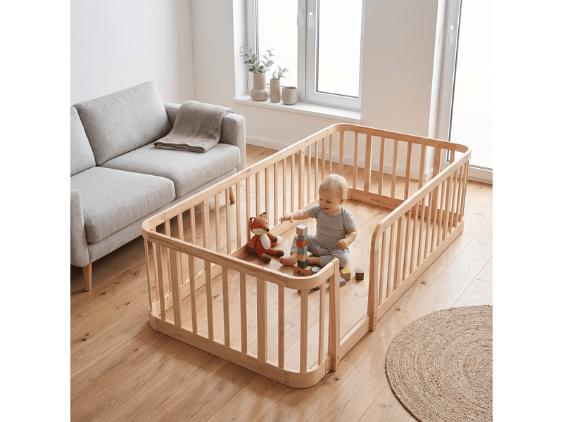  Parc bébé modulaire 140 × 200 cm avec écart de 7 cm et bords arrondis, en bois d'ingénierie, naturel  - Conforama B