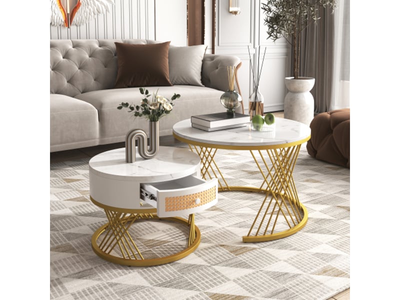  Lot de 2 tables basses gigognes blanches avec 1 tiroir en rotin et pieds en métal doré  - Conforama B