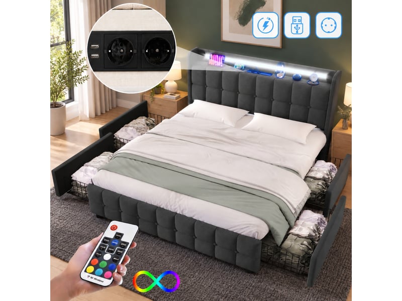 Lit double rembourré 160 x 200 cm, tête de lit led, 2 usb + 2 prises, 4 tiroirs, sommier à lattes, matelas h3 inclus, gris - Conforama B