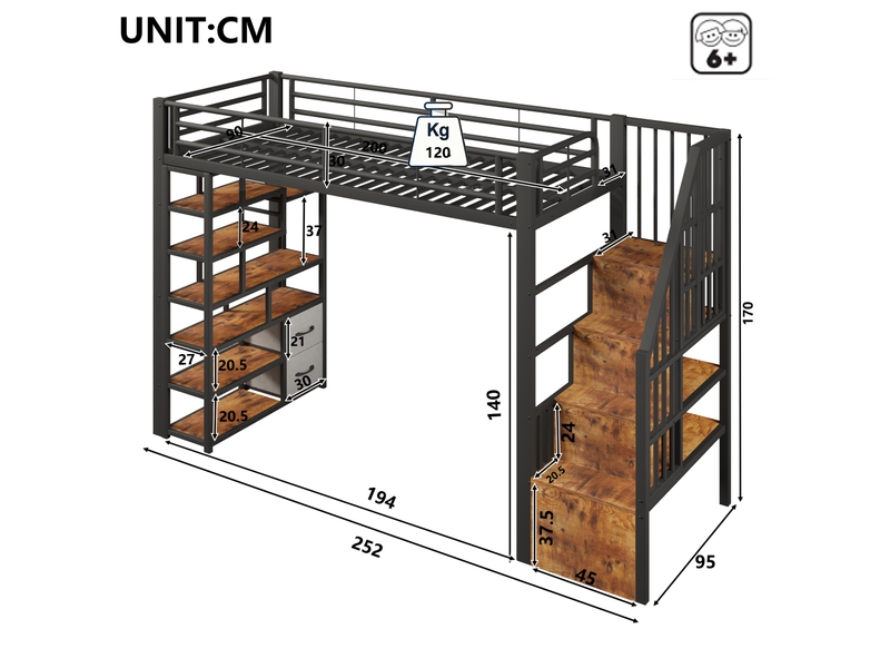  Lit mezzanine enfant 90x200cm avec tiroirs en tissu et espace sous le lit, led, étagère, marches intégrées et barrière, métal noir evarich - Conforama C
