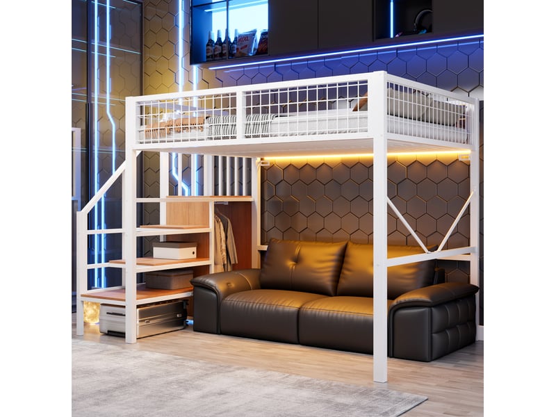  Lit mezzanine 140x200 cm avec rangement, cadre en métal, barrière de protection, couleur blanc sans matelas  - Conforama E