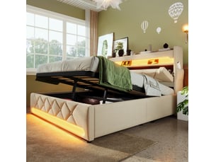 Lit avec rangement 140x190 cm <strong>COVREO </strong> <strong></strong> coloris beige