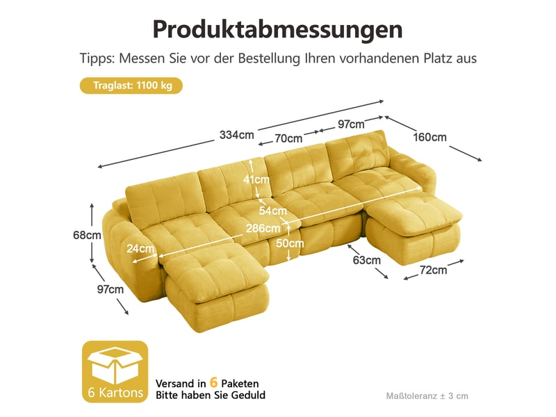  Canapé d'angle en u 4 places sans cadre, canapé modulaire, housse chenille jaune, sans montage, 2 poufs pour salon et appartements  - Conforama C