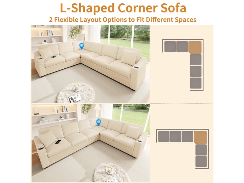 Canapé d’angle l 6 places 277x215x85 cm beige en velours côtelé avec usbusb-c, 2 porte-gobelets et 2 coussins Morn Vibe - Conforama E