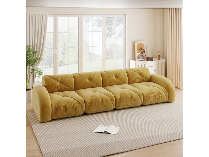 Canapé modulaire 4 places sans cadre en tissu jaune, avec mousse haute densité, idéal pour le salon - Conforama E