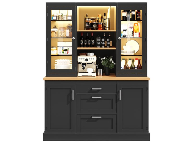  Armoire de cuisine avec éclairage led contrôlé par application 185x140x40cm 3 tiroirs plan de travail étagères réglables noir  - Conforama E