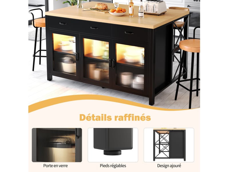  Desserte de cuisine avec 3 tiroirs, 3 portes vitrées et étagères réglables, éclairage, noir, 150 × 80 × 90 cm  - Conforama E