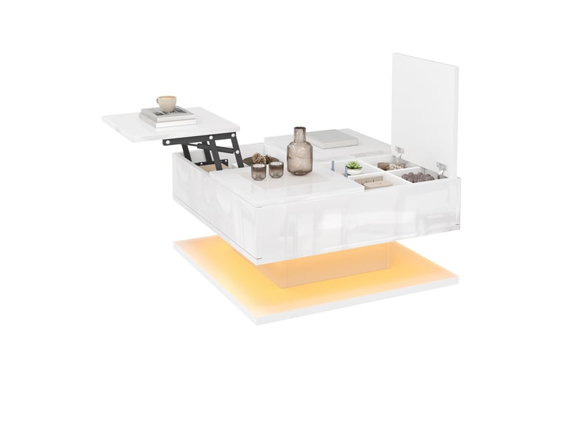 Table basse relevable avec plateau rabattable, 2 tiroirs et led pilotée par application, blanche 72 × 72 × 35 cm - Conforama A