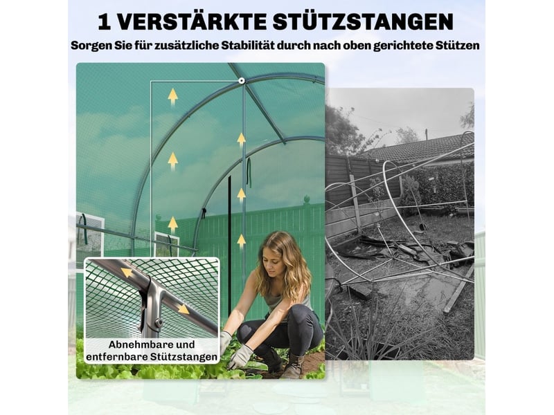  Serre de jardin tunnel 300x200x200 cm – verte – 2 portes enroulables, 6 fenêtres filet et armature acier  - Conforama E
