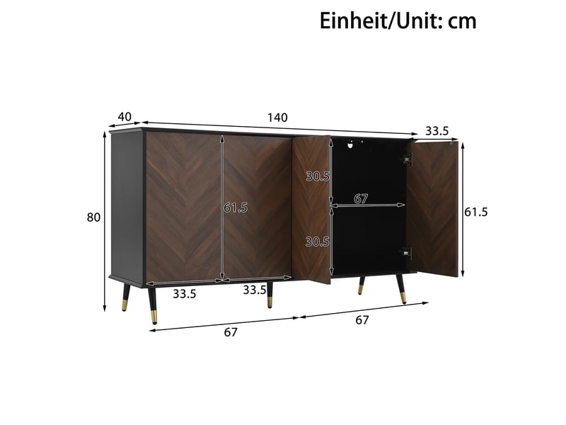  Buffet bicolore noirmarron 140 × 40 × 80 cm, en mdf, avec 4 portes, étagères réglables, charnières amorties  - Conforama B