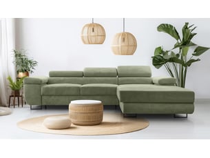 Canapé d'angle droit convertible <strong>AX LIVING </strong> <strong>Arborio</strong> 4 places Velours côtelé vert avec coffre de rangement