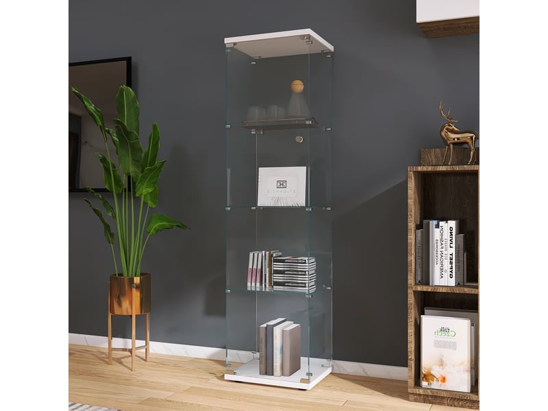  Vitrine en verre 164 cm, armoire vitrine pour collection avec 1 porte 4 étagères transparent meuble vitrine verre vitrines figurine armoire, blanc  - Conforama E