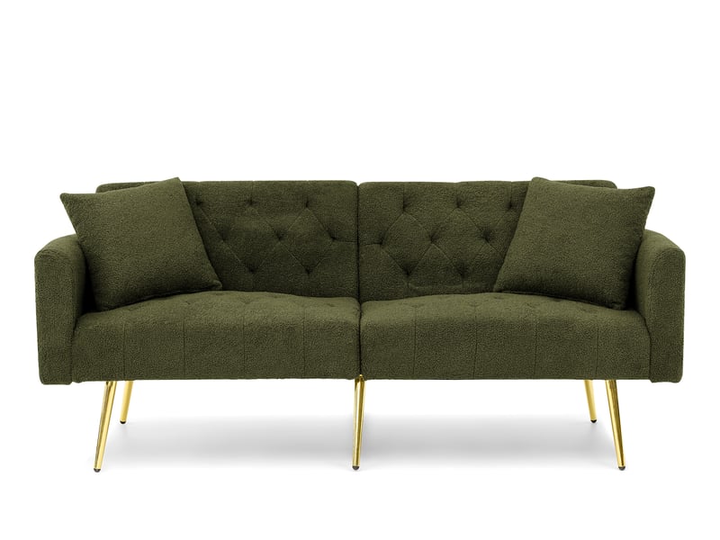 Canapé 2 places convertible 177x78x74 cm vert, tissu bouclette, dossier réglable 3 positions, pieds métal doré - Conforama A