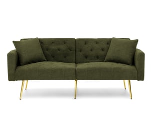 Canapé 2 places convertible 177x78x74 cm vert, tissu bouclette, dossier réglable 3 positions, pieds métal doré