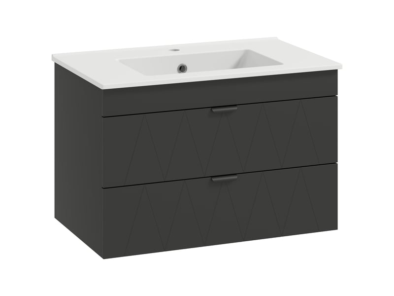  Meuble sous vasque suspendu noir mat, vasque en céramique, 2 tiroirs, 76 x 46 x 50 cm  - Conforama A