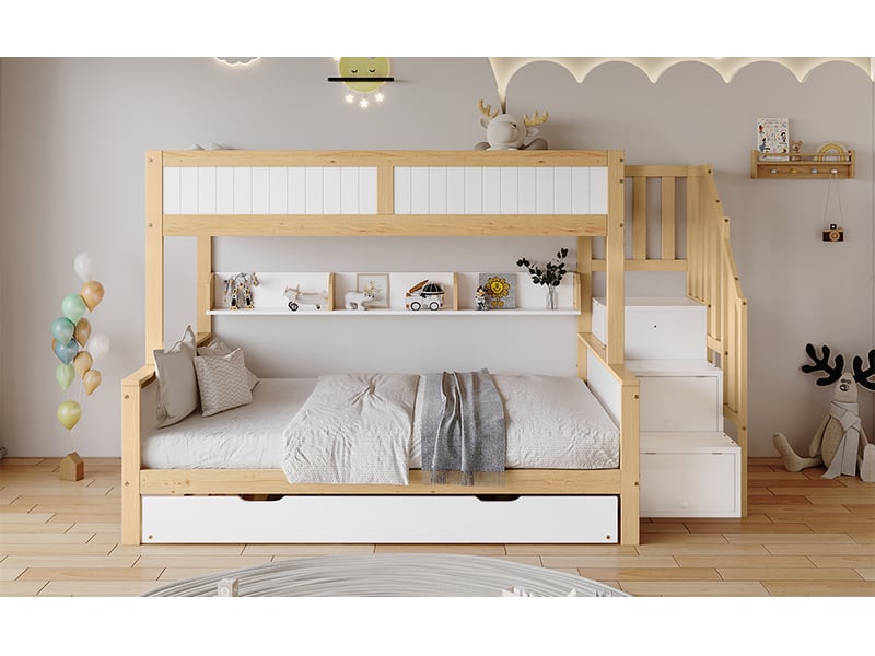  Lit superposé avec lit gigogne armoire et escalier rangement 90x200 et 120x200 cm blanc et bois clair pin et mdf structure sécurisée avec barrières Sol Morn - Conforama B
