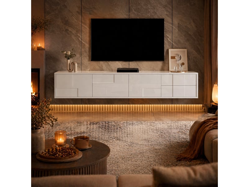  Meuble tv blanc 170 cm, 3 portes et 2 tiroirs, à poser ou à fixer au mur  - Conforama B
