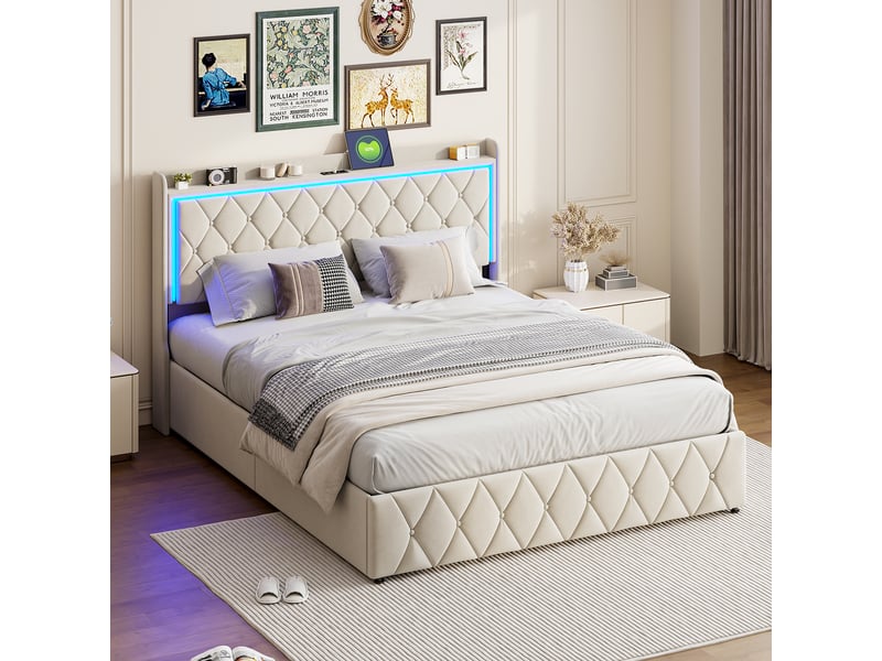  Lit 140 x 200 avec sommier, rangement intégré, éclairage led chevet, ports usb et type-c, revêtu de velours, beige  - Conforama B