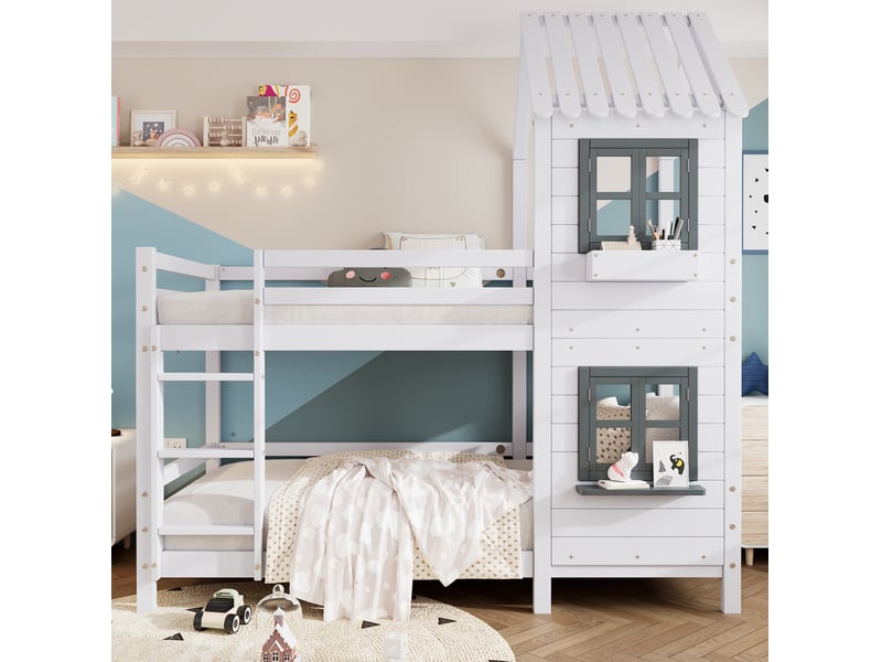 Lit superposé enfant 90x200 cm, barrières de sécurité, fenêtres, design cabane, bois et mdf, blanc - Conforama D