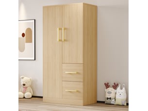 Armoire 2 portes avec 2 tiroirs et grand espace de rangement pour chambre d'enfant, bois naturel, 70 × 40 × 135 cm