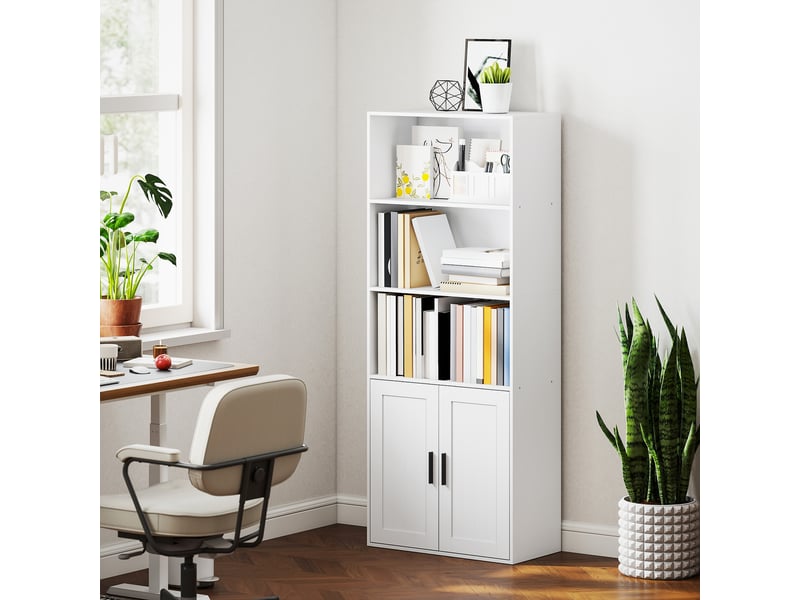  Bibliothèque avec étagères ouvertes et armoire à 2 portes avec étagère intérieure réglable, 60 x 30 x 145,5 cm, blanche  - Conforama C