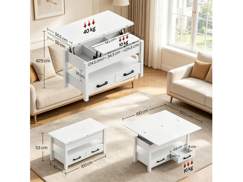  Table basse relevable extensible 100 x 50,5 cm – blanc – 2 tiroirs et rangement, repas ou bureau  - Conforama C