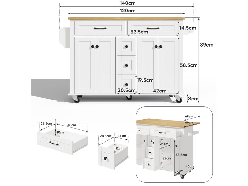 Desserte de cuisine 140x65x89 cm blanche et naturelle avec plateau rabattable - Conforama C