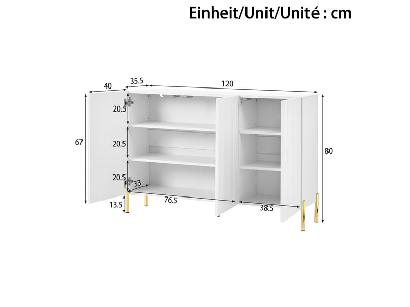 Sideboard 3 portes bois clair meuble de rangement buffet pb et mdf avec lignes verticales et pieds dorés - Conforama B