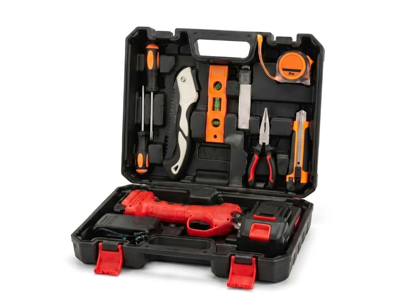  Tronçonneuse et sécateur sans fil 21v avec batterie li-ion 2.0ah – coffret outillage de jardin 12 pièces avec scie pliante 40 cm et mallette rigide de transport – rouge  - Conforama A