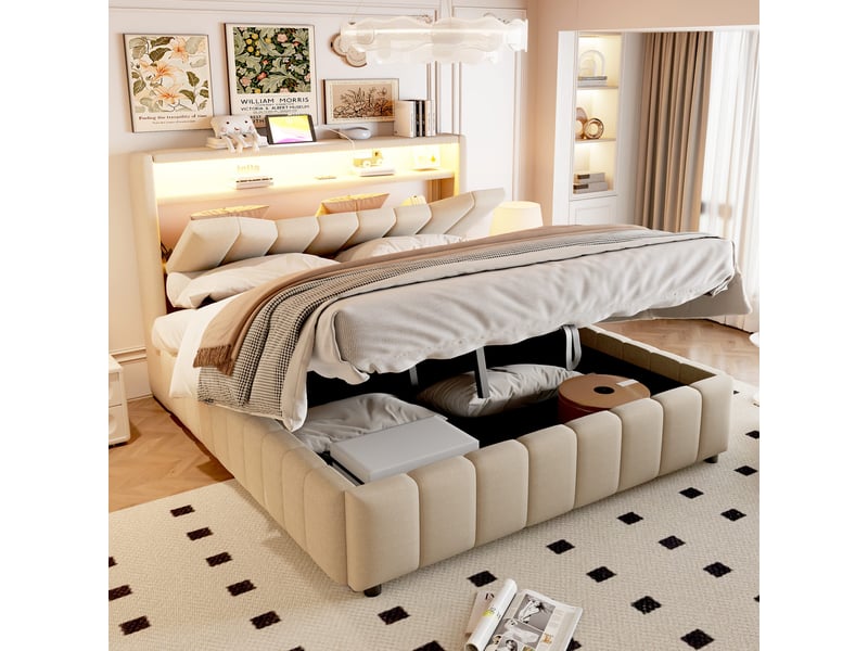  Lit coffre hydraulique 140x200 cm - lin beige - lit double avec tête de lit rembourré - bande led, usb et type-c  - Conforama D