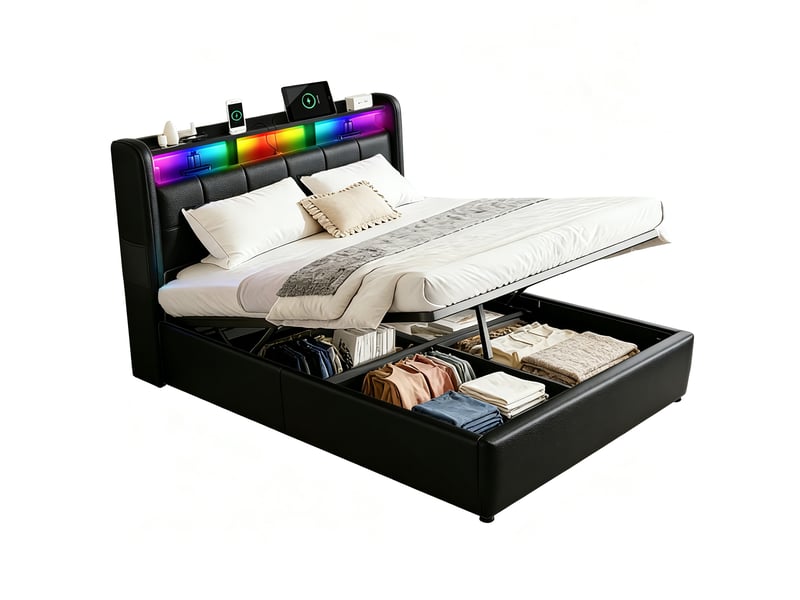  Lit coffre 140x200 cm noir avec rangement, led, ports usb+type-c sans matelas EBD854F-BK - Conforama A