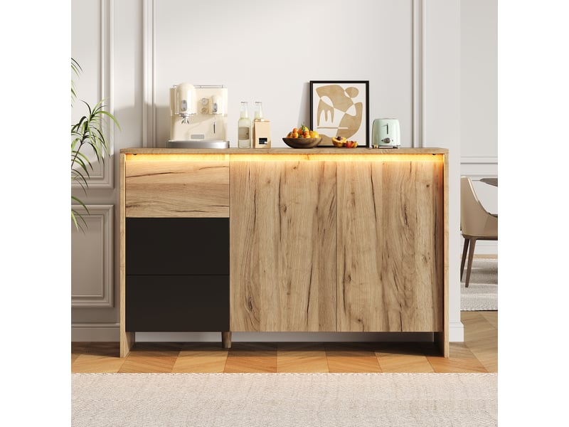 Buffet avec led multicolore 2 portes 3 tiroirs meuble de rangement bois et noir 120 cm  - Conforama E