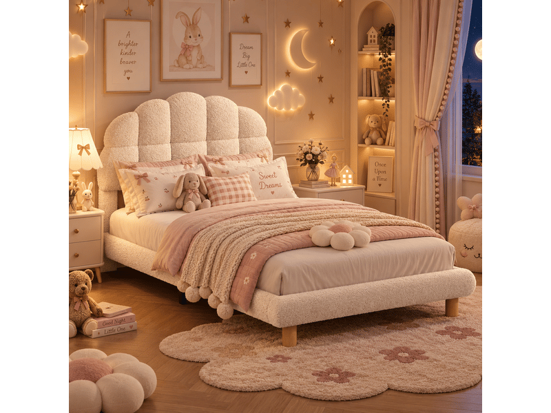  Lit simple rembourré avec sommier à lattes, 90x200cm lit d'enfan avec tête de lit, cadre de lit plateforme, lit simple rembourré 90x200cm,lit enfant 90x200 en tissu peluche avec sommier à lattes,tête de lit réglable en hauteur,b…  - Conforama B
