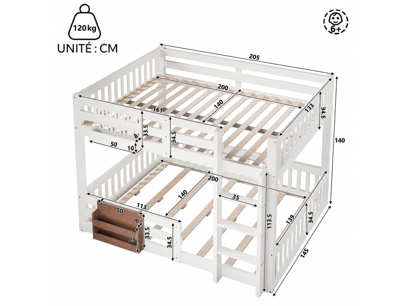  Lit superposé 140 x 200 cm avec 2 rangements latéraux, en pin, mdf et métal, blanc, pour chambre partagée  - Conforama C
