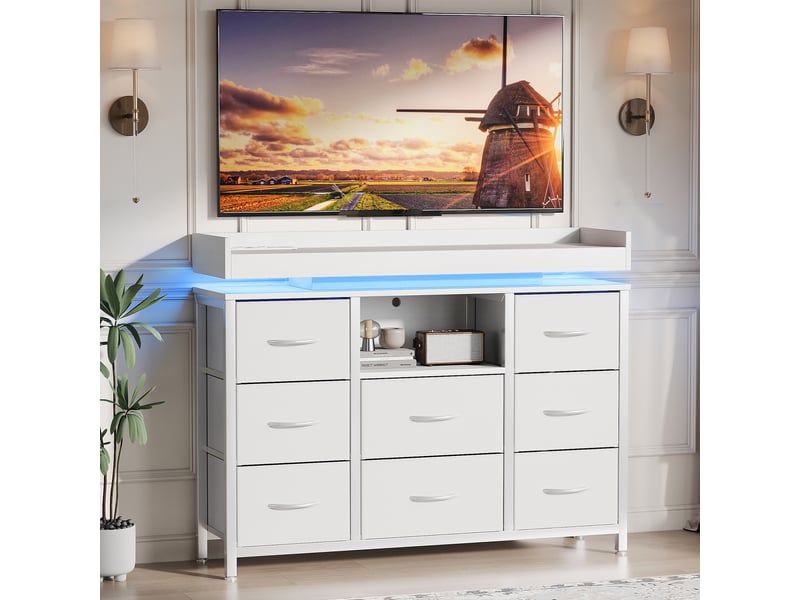  Commode 8 tiroirs avec led et prises - 108 x 30 x 82 cm-blanc - meuble de rangement avec station de charge et étagère ouverte  - Conforama C