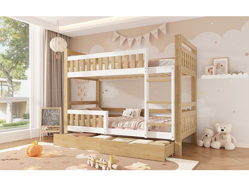  Lit superposé 90 × 200 cm, bois, séparable en 2 lits, 2 tiroirs, échelle et barrières, sans matelas, blanc et naturel  - Conforama B