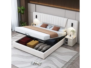 Lit coffre 180x200 cm - lit double avec lampe de lecture et port usb, sans matelas, en velours beige