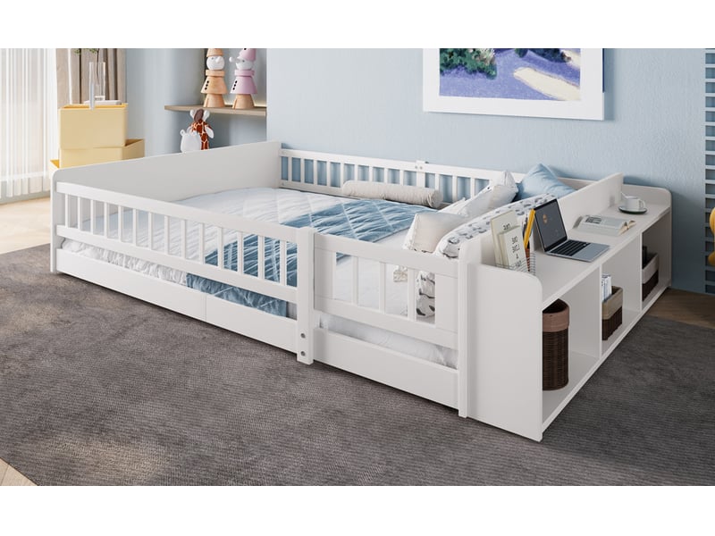  Lit enfant 140x200 cm blanc en pin avec rangements ouverts et portillon  - Conforama W