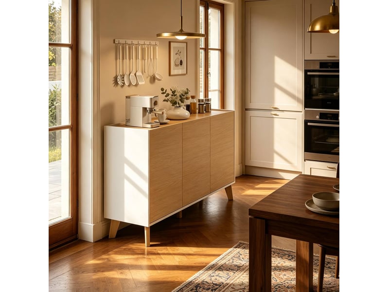  Buffet de cuisine 120x35x73,5 cm, style nordique, 3 portes, 6 compartiments, mdf naturel et blanc, meuble de rangement  - Conforama E