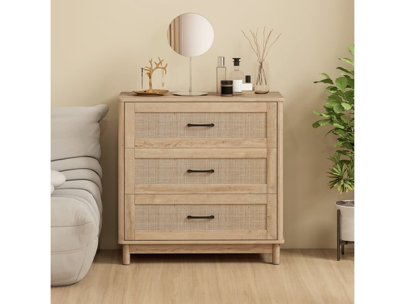 Commode 3 tiroirs style bohème chic rotin effet bois clair - Conforama B