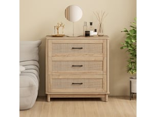 Commode 3 tiroirs style bohème chic rotin effet bois clair