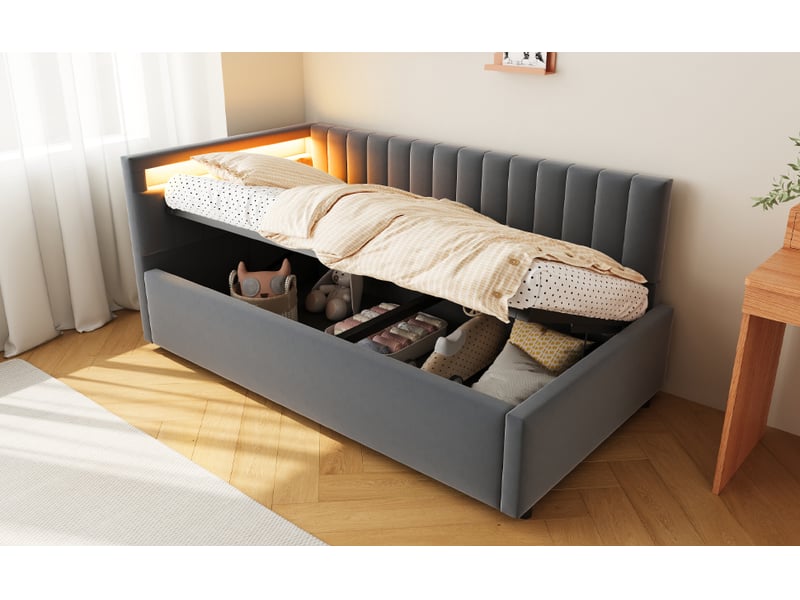  Lit 90x200 cm - canapé lit avec coffre de rangement et lumière led intégrée, velours, gris, sans matelas  - Conforama B