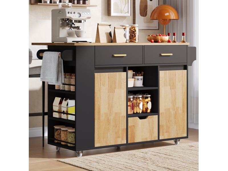 Îlot de cuisine mobile 120x71x90 cm avec plateau rabattable, mdf noir et bois naturel - Conforama B