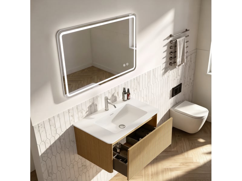 Meuble sous vasque suspendu avec miroir led 80 x 60 cm, bois clair et vasque en pierre de synthèse pour salle de bains - Conforama E