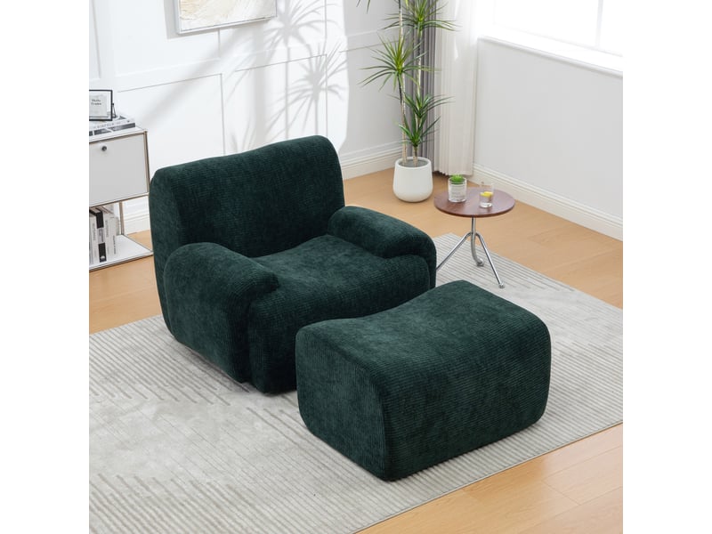 Fauteuil avec pouf, tissu chenille vert, mousse haute élasticité 30d, emballage sous vide, sans montage - Conforama C