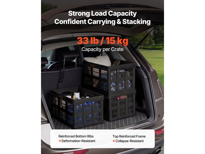  Vevor caisse plastique pliable 45 l lot de 3, cagette pliable avec poignees, charge max. 15 kg par caisse, bac de rangement empilable pour maison, camping, voiture et courses, organisateur de coffre  - Conforama C