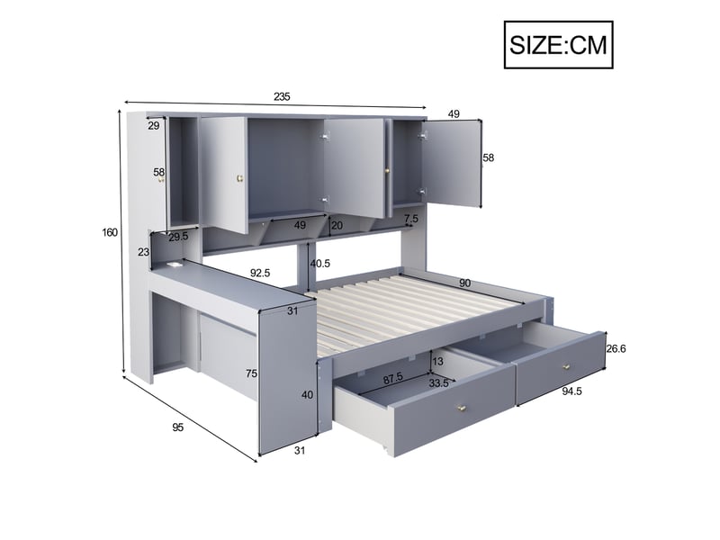Lit combiné 90 x 200 cm gris en mdf, avec bureau intégré, rangements, led et prises électriques pour chambre - Conforama C